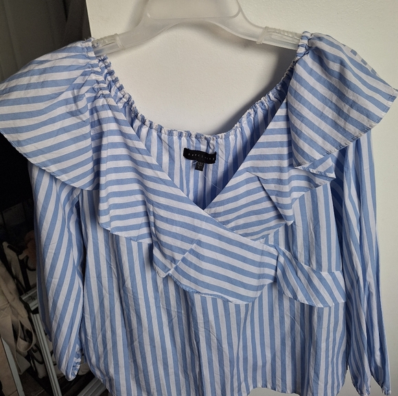 Sanctuary Blue Stripe Ruffle Crossover Pirate Shirt Top Blouse - Size  L - Picture 3 of 10